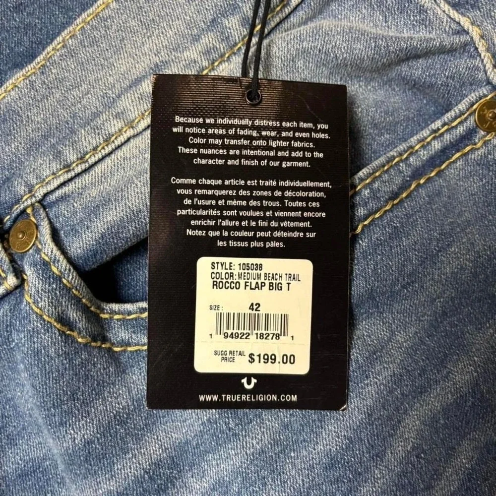 NEW True Religion Rocco Relaxed Skinny Stretch Denim Jeans Blue Wash 42x34